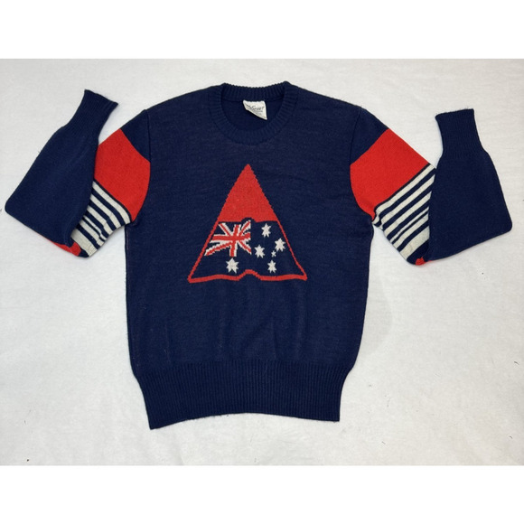Vintage 90s HySport Sweater Australia Wool Britain Blue Red 36" Chest Flags 90s - Picture 1 of 6